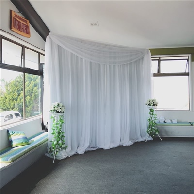 Backdrop Curtains with Scallop and White Stands